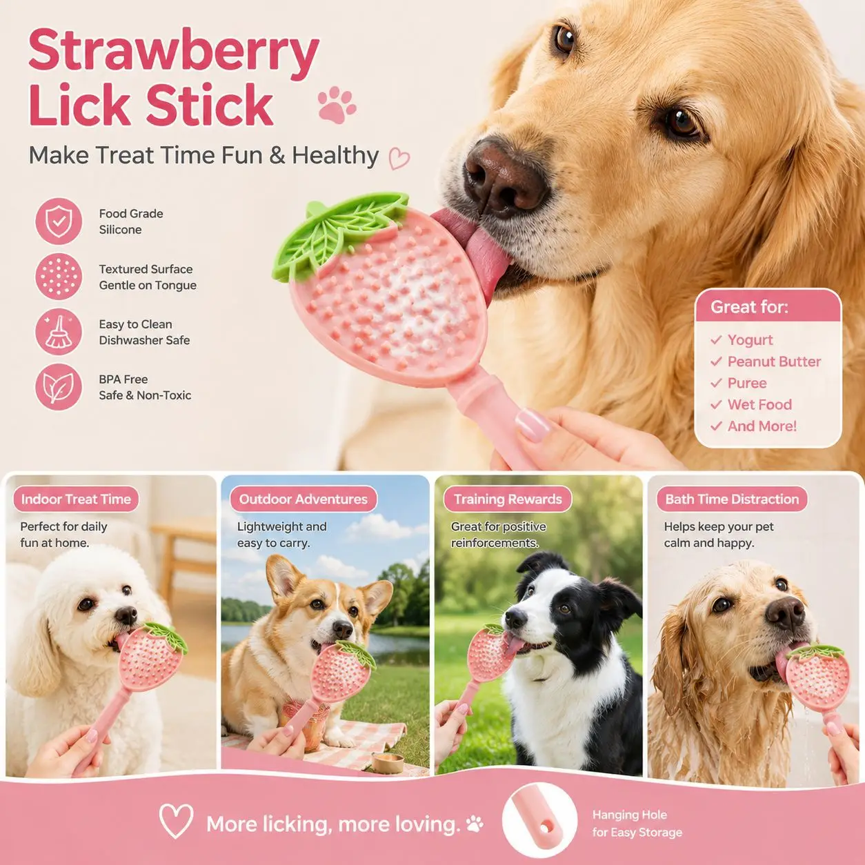 Silicone Pet Licking Stick Cute Strawberry Dog Slow Feeder Stick Long Handle Cat Lick Mat Easy To Clean and Soothe Emotions