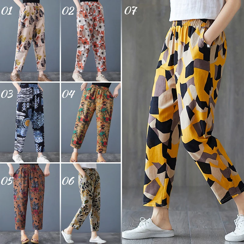 Women Summer Floral Printed Trousers Loose Vintage Imitation Cotton Linen Cropped Harem Pants Lady Streetwear Pants All-match