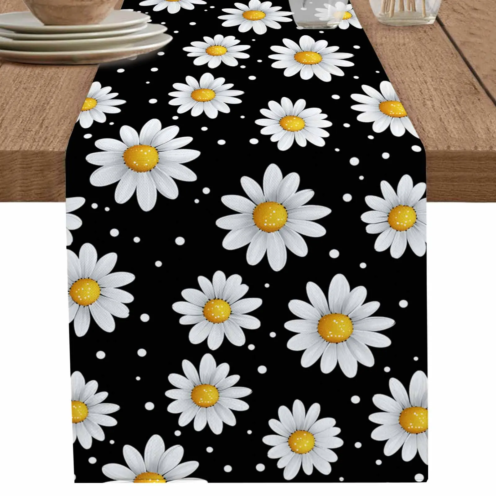

Daisy Flowers with Black Background Table Runner Cotton Linen Wedding Dinner Decor Table Flag Holiday Home Tea Table Decoration