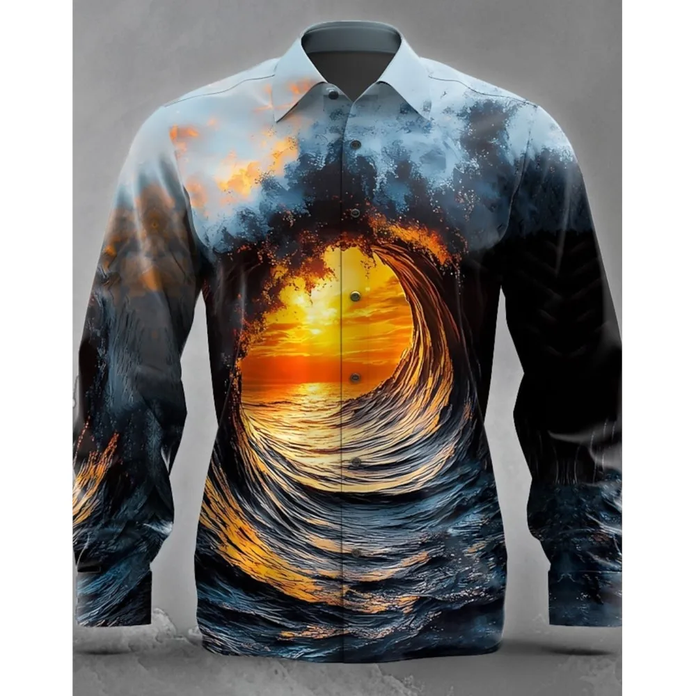 

Men's Optical Illusion Ocean Sunset Shirt Button Up Shirt Long Sleeve Fashion Streetwear Turndown 3D Print Collared Shirts
