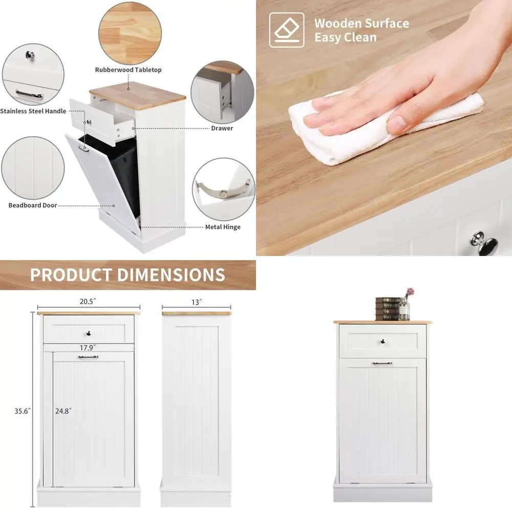 

Antique Beadboard Kitchen Island with Solid Wood Top and Pet Proof Trash Bin, White Single Door Laundry Cabinet