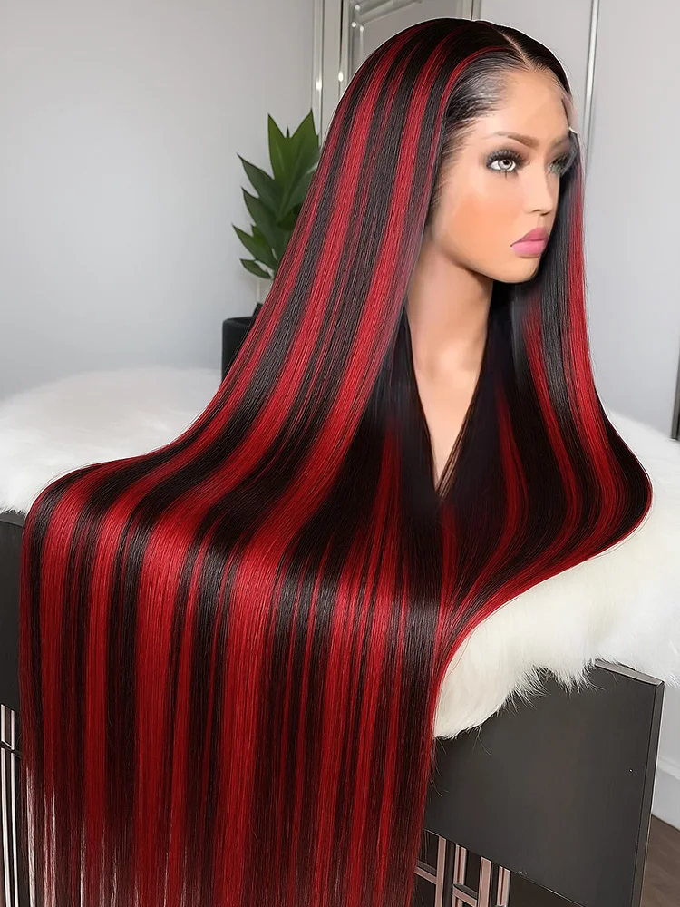 1B/99Jバーガンディ色の接着剤不要人毛ウィッグ、すぐに着用可能、赤色のハイライト入りオムバーブラックヘア、5x5クロージャー、ボーンストレートウィッグ、セール中