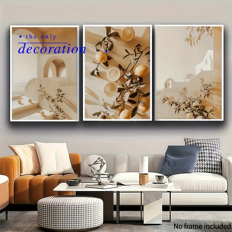 2D Flat, 2D Flat, Set of 3 Decorative Paintings, 2D Unframed Canvas Art, Soft-Toned Lemon Wall Art, Citrus Pattern Prints, Bo