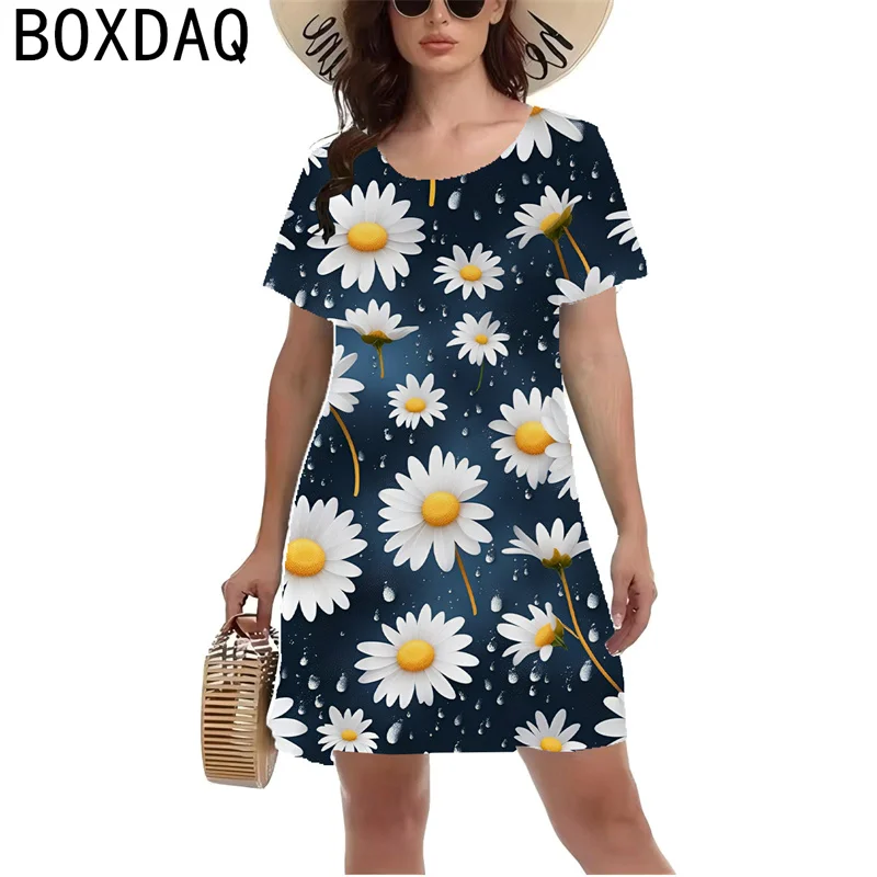 Vintage 3D Flower Print Casual Dress Women Big Size Short Sleeve O-Neck Casual Mini Dress Summer New Fashion Beach Holiday Dress