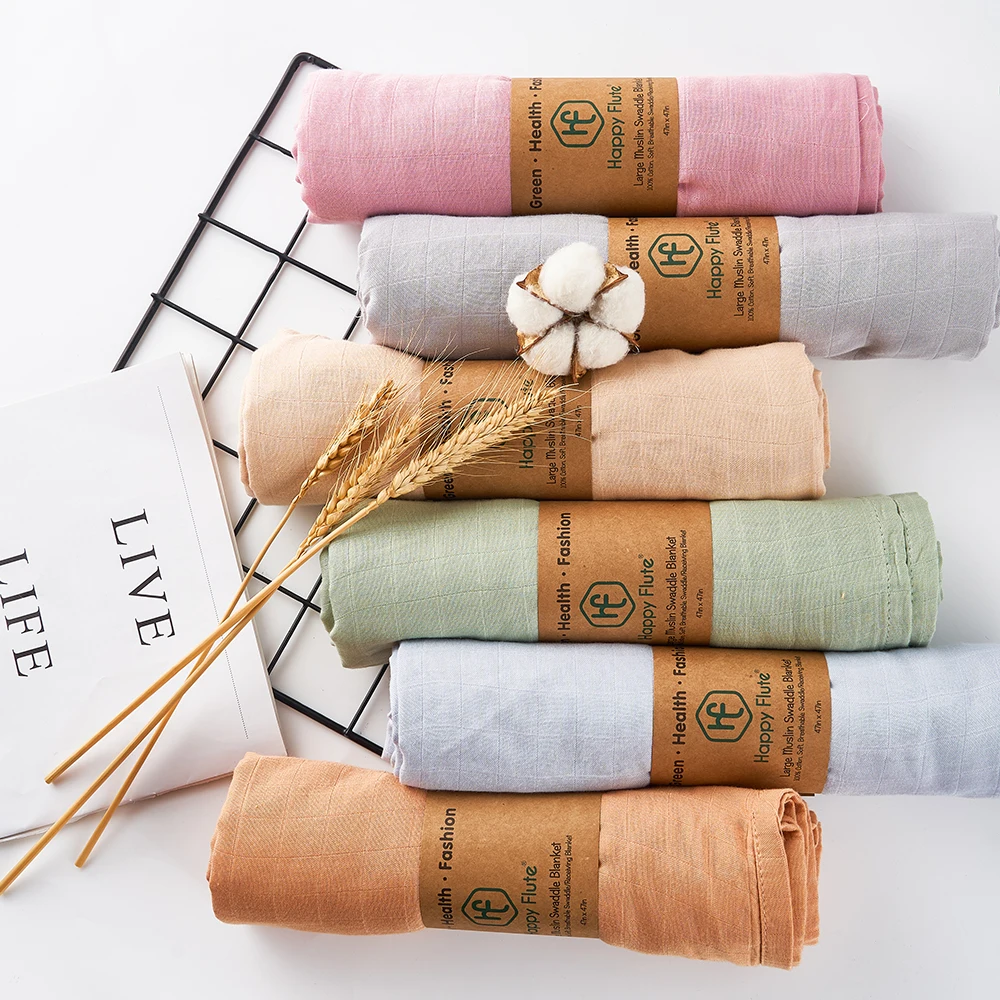 HappyFlute 120*110CM Digital Plain Bamboo Cotton 2Layer Comfortable Muslin Swaddle High Quality Wrap For Newborn Baby