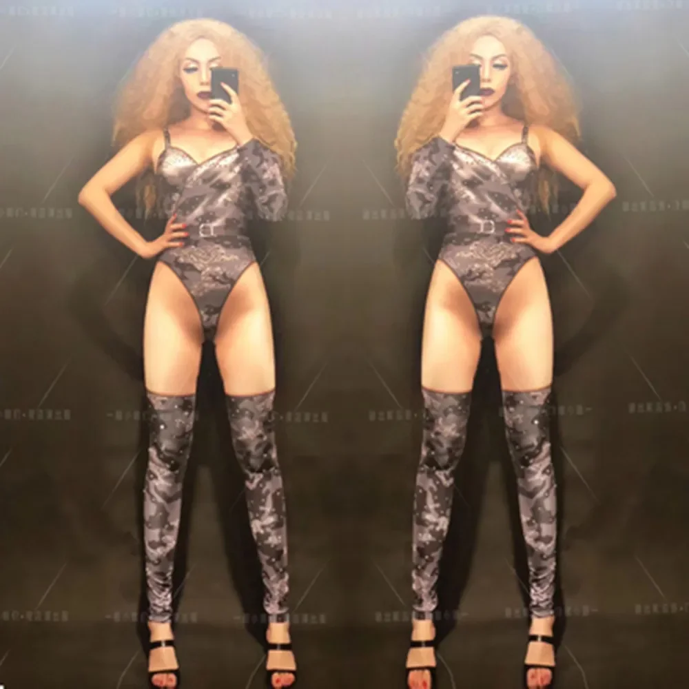 

2025 New Nightclub Bar DS Women's Song Gogo Sexy Fake Transparent Meat Show Thin High Forked jumpsuit Performance Dress yk205