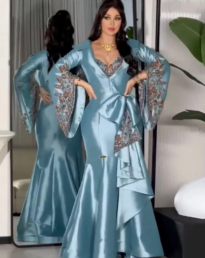 Sky Blue Saudi Mermaid Evening Dresses Long Sleeve Luxury Crystal Customsized Ruched Arabic Dubai Bride Wear Prom Gown Garment