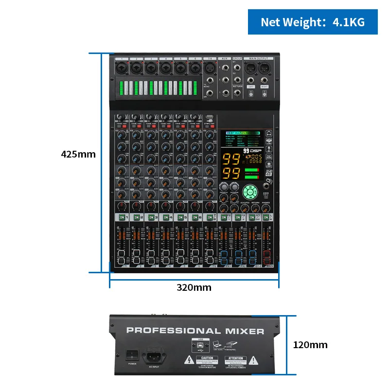 COOYINK 8-Kanal-Audiomischer 2*99 DSP 3 Gruppen Aux Senden Sie eine digitale professionelle Konsole Soundmixer-Konsole mit Bluetooth MP3 USB
