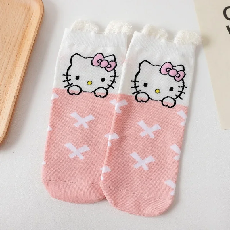 Sanrio HelloKitty Pink Socks Girl Cute Cartoon Short Harajuku Anime Print Kawaii Three-dimensional Ear Cotton Women\'s Boat Socks