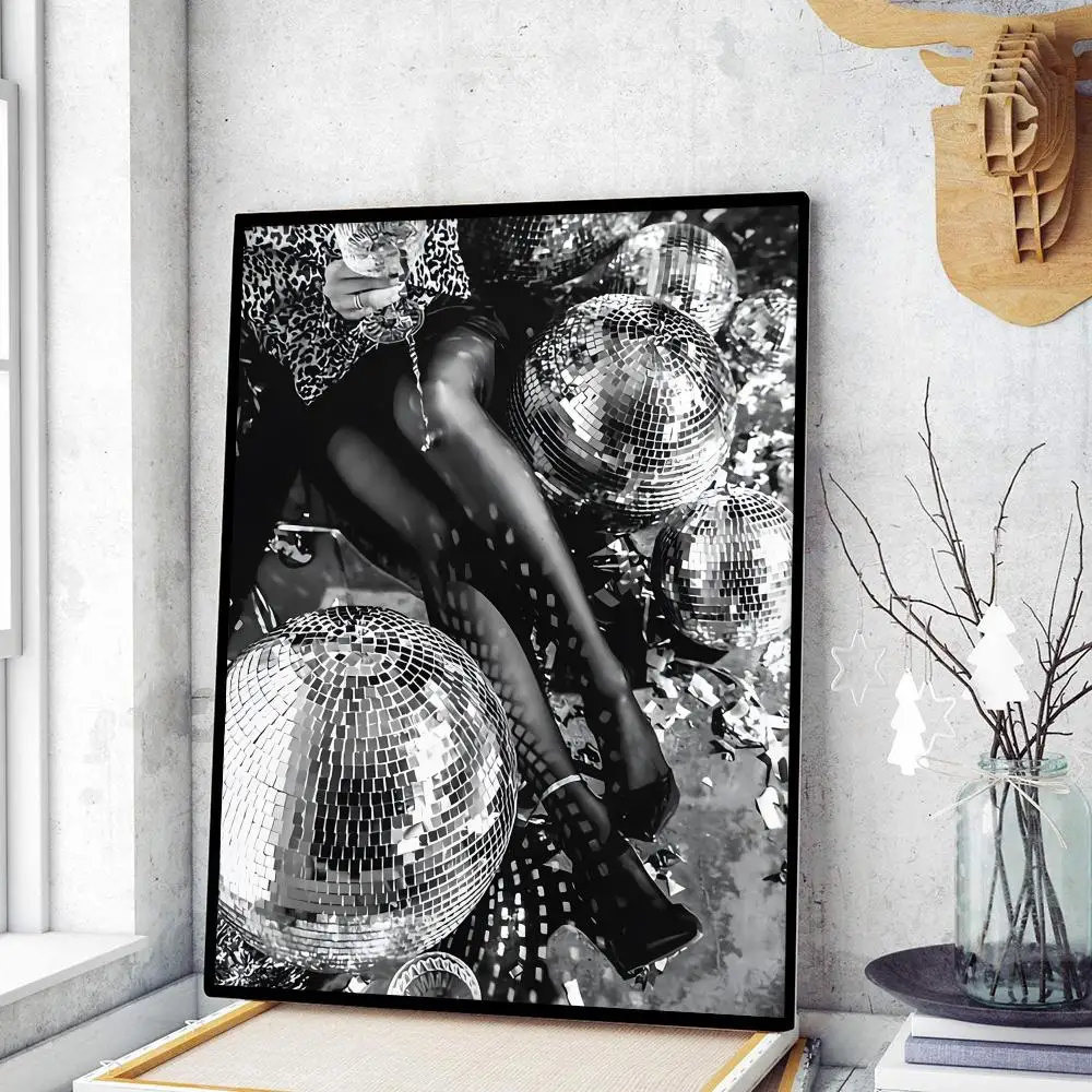 Disco Ball Dancefloor Party Print Self-adhesive Art Poster Fancy Wall Art Sticker for Living Room Bar DIY Vintage Decorative Art