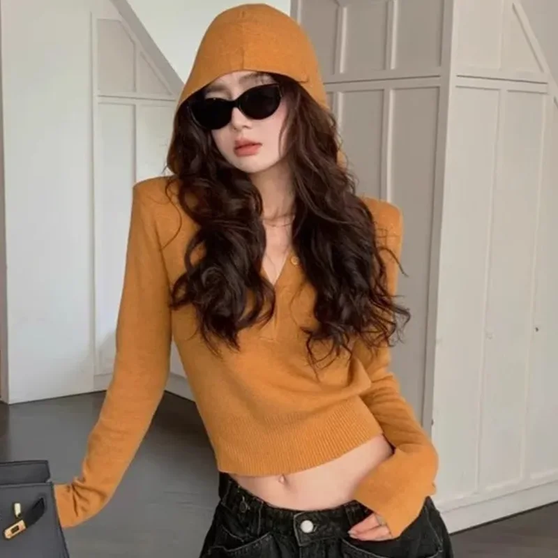Women Hooded Crop Knit Sweater Y2K Streetwear Harajuku Button V Neck Pullovers Autumn Slim Fit Long Sleeve Hottie Short Jumpers