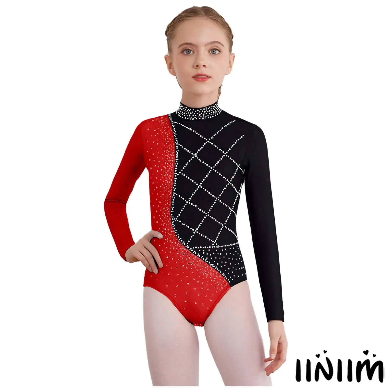 

Kids Girls Shiny Rhinestones Gymnastics Ballet Leotard Mock Neck Long Sleeve Bodysuit for Figure Skating Dance Stage Performance