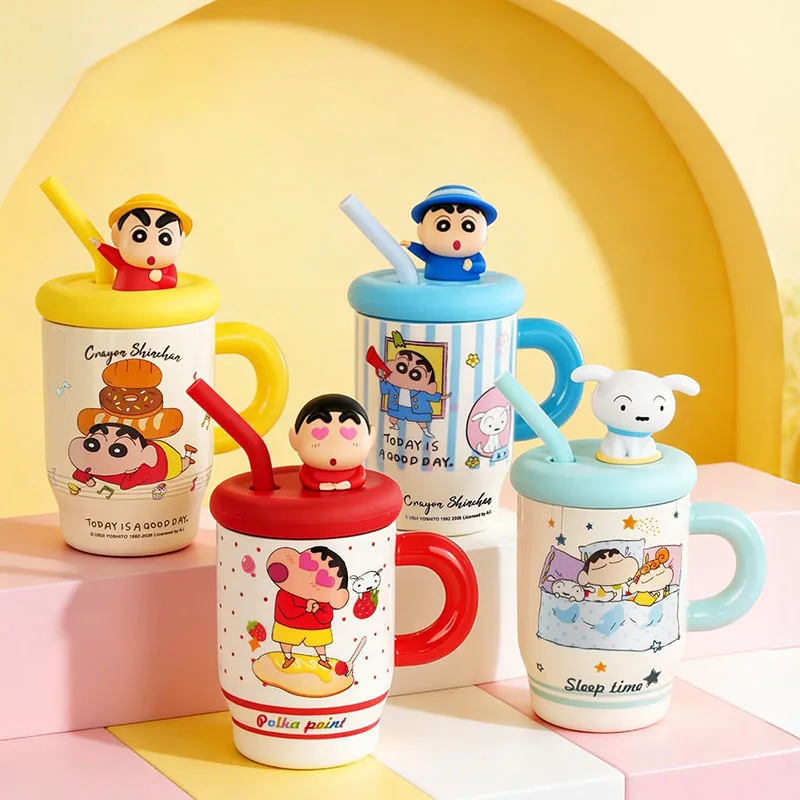 

Crayon Shinchan Ceramic Mug with Straw Lid Kawaii Cartoon Coffee Cup for Fans Perfect Gift for Girls Friends Family 470ml Milk