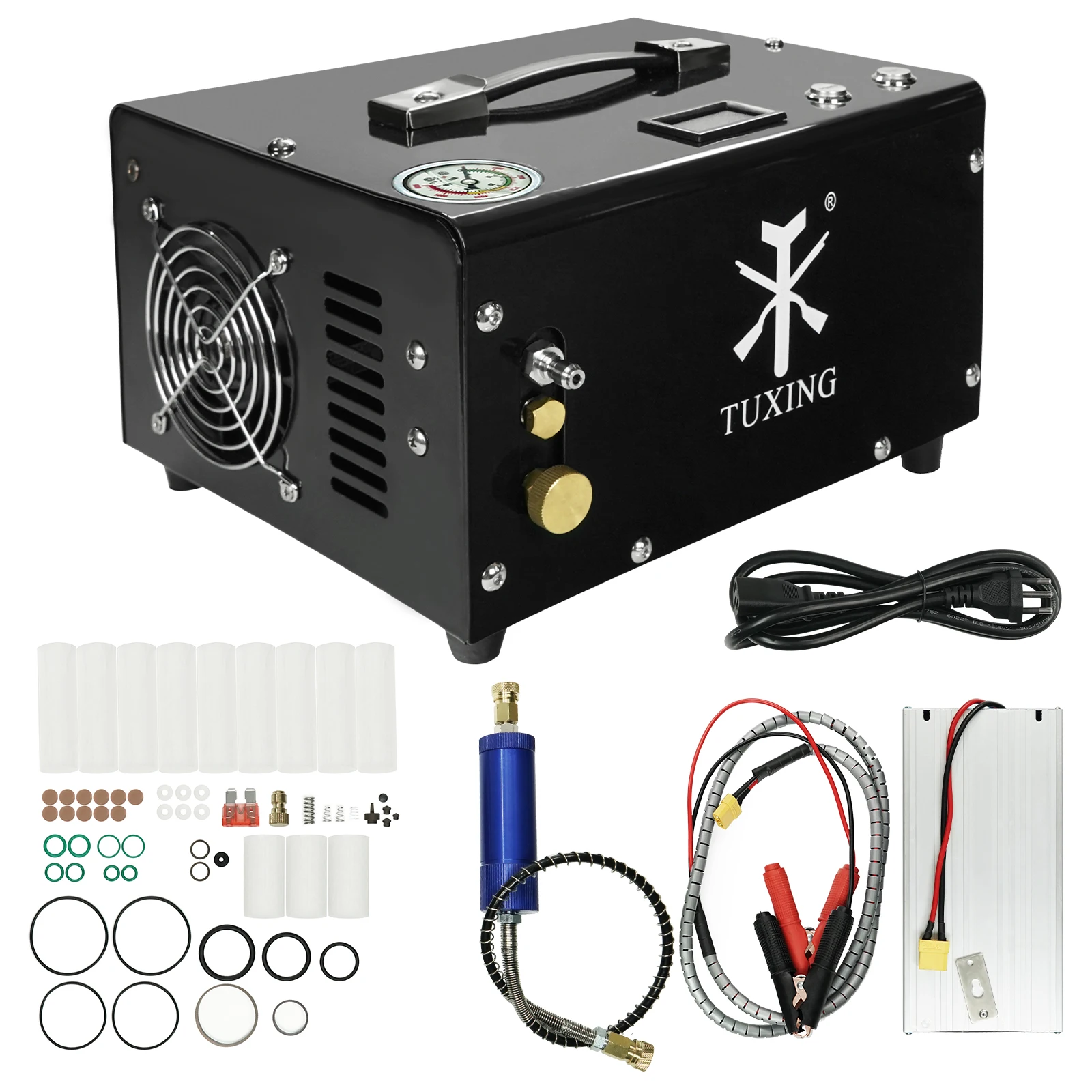 TUXING 300Bar 4500Psi 12V PCP Air Compressor High Pressure Compressor with 12V Portable Power Adapter Auto-stop TXET061/TXET062