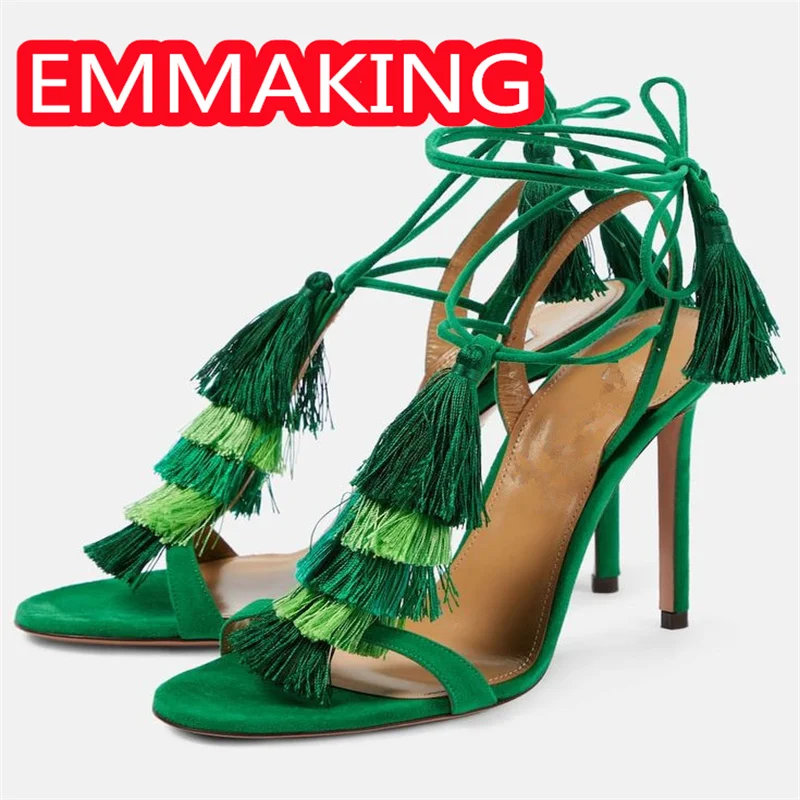 Grün Mischfarbe Fringe Lace Up High Heels Sommer Sandalen Frauen 2024 Mode Sexy Runway Damen zapatos de tacón mujer Größe 44