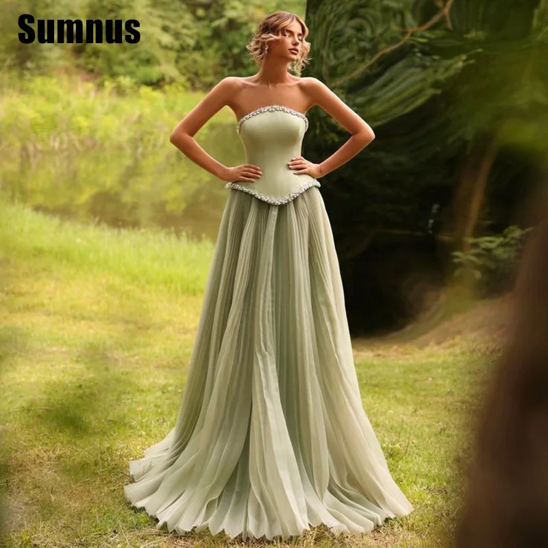 

Sumnus Modern A-Line Prom Dress Strapless Sleeveless Beading Draped Party Dresses Floor Length Evening Dress Gala Customized