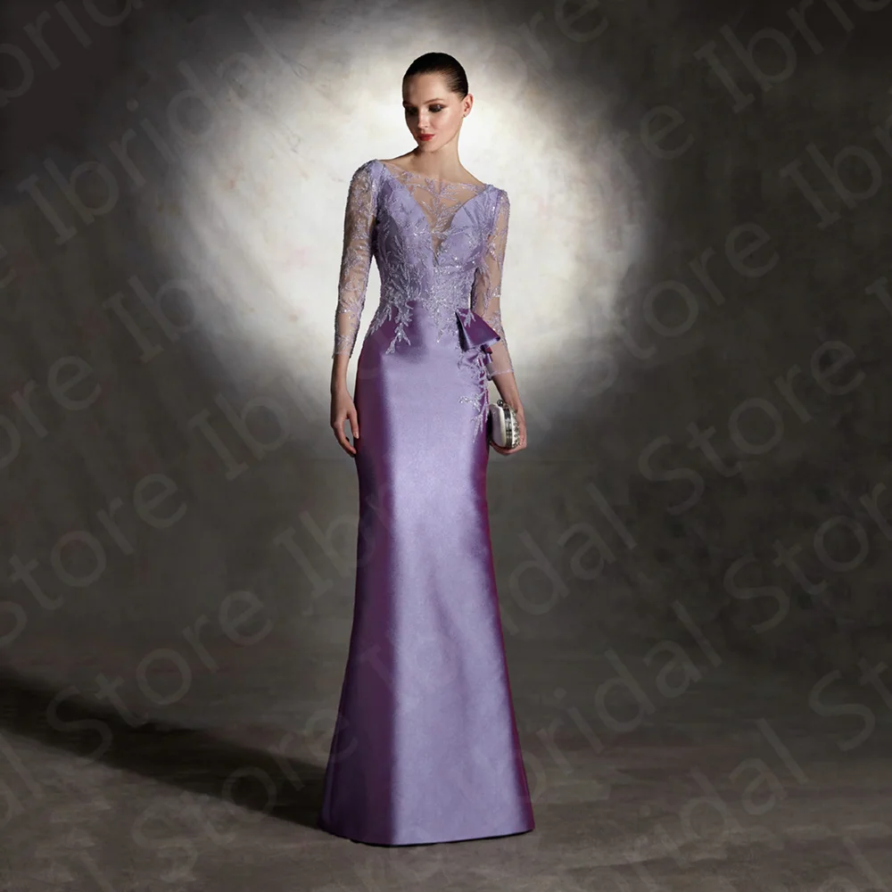 

Charming Lilac Mermaid Mother of the Bride Dress Long Sleeves Mother Dresses Beading Top Wedding Party Gowns Illusion Customized