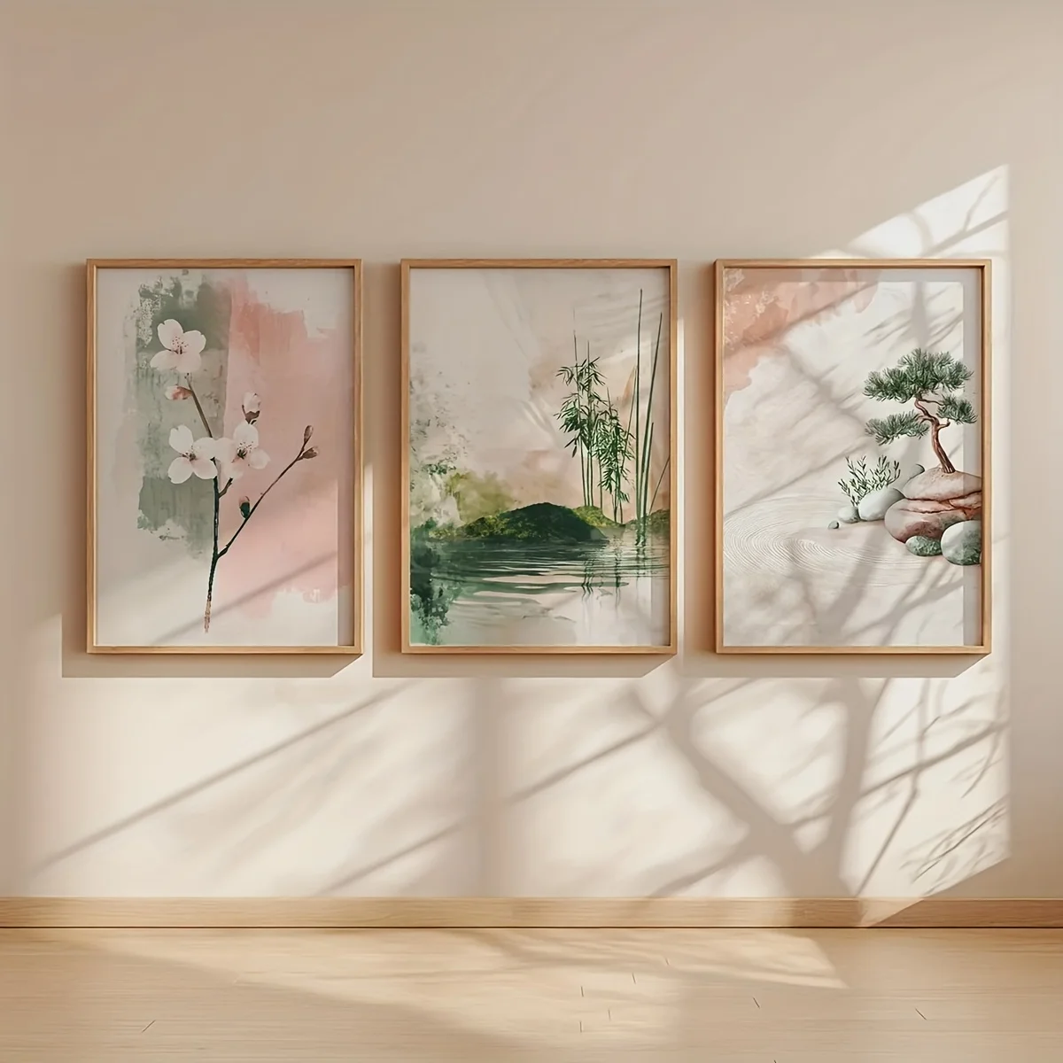 3pcs  frameless Set of 3 Japandi Zen Landscape Wall Art Cherry Blossom & Bonsai Scenery Minimalist Art Poster Modern Zen Home Li