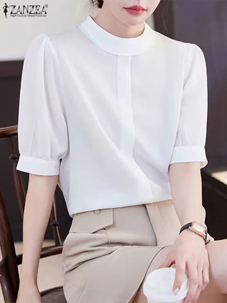 

ZANZEA, женская однотонная блузка, модная туника с коротким рукавом 2024, летние рубашки с воротником-стойкой, повседневные свободные блузки, элегантный офисный топ