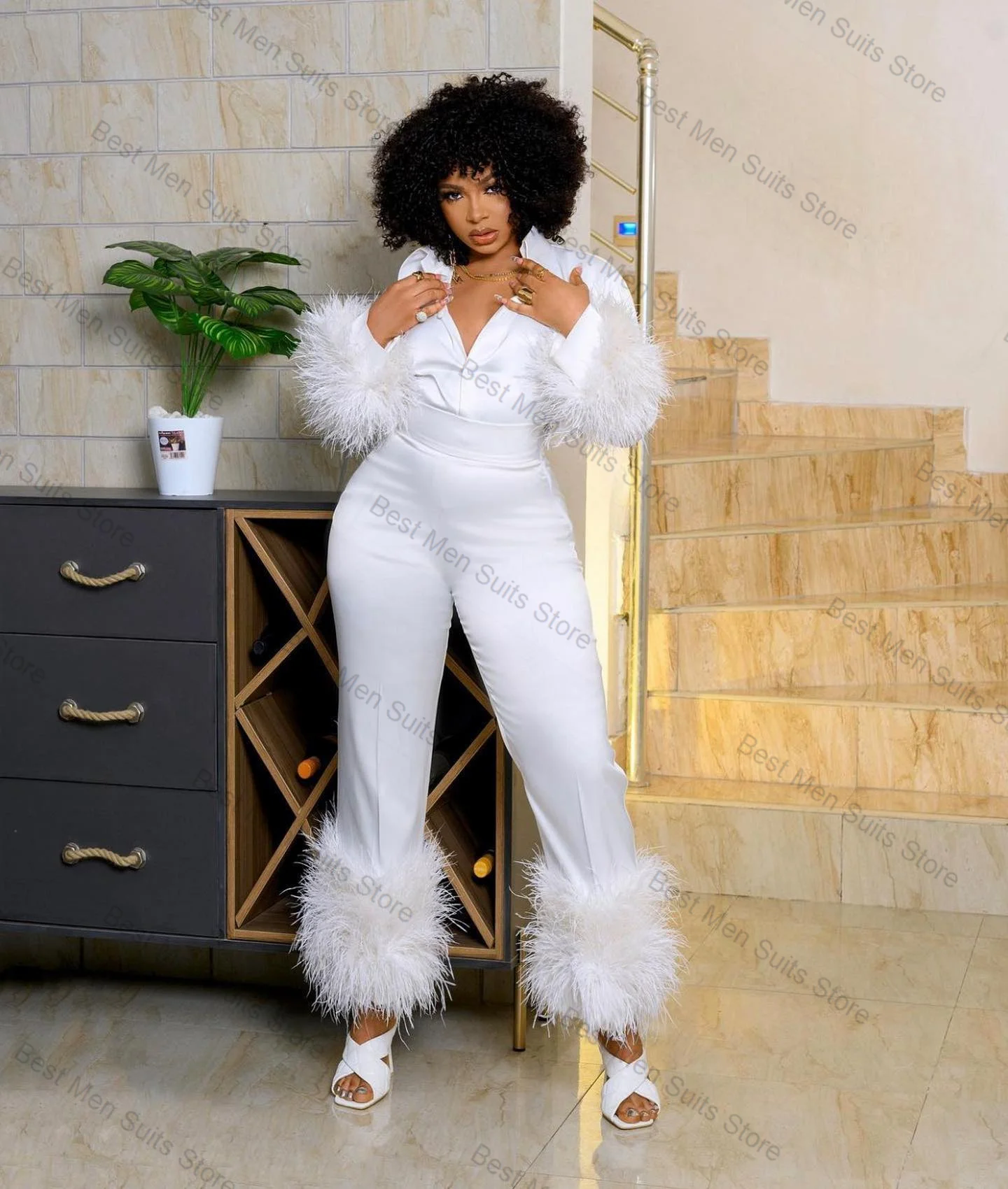 White Feather Women Suit Pants Set 2 Pcs Shirt Trousers Formal Office Business Customized Wedding Tuxedos Party Prom Dress Coat