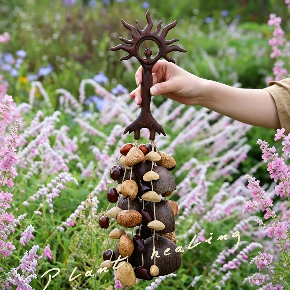 Handmade Natural Fruit Shell Wind Chime Rattle Ornament Sun Goddess Hanging Handle Shaker Sound Healing Percussion Instruments