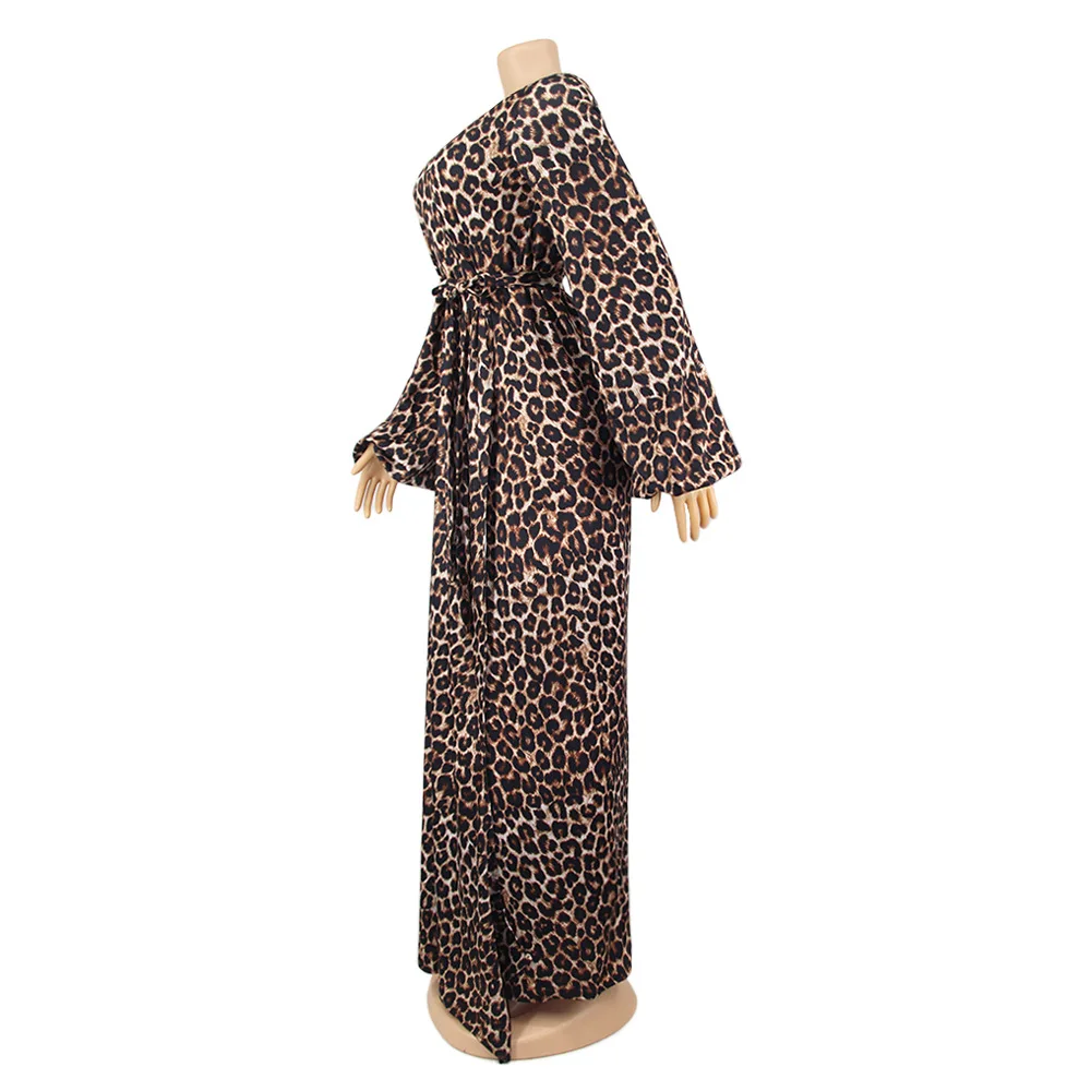 H188 European and American Cross-Border Sexy Casual Leopard Print V Neck Women\'s Long Dress Nightclub Dress