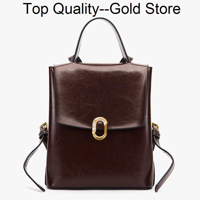 

Women Genuine Leather Backpack Rucksack Meseenger Shoulder Bags Grils Oil Wax Cowhide Female Daypack School Book Bag Knapsack