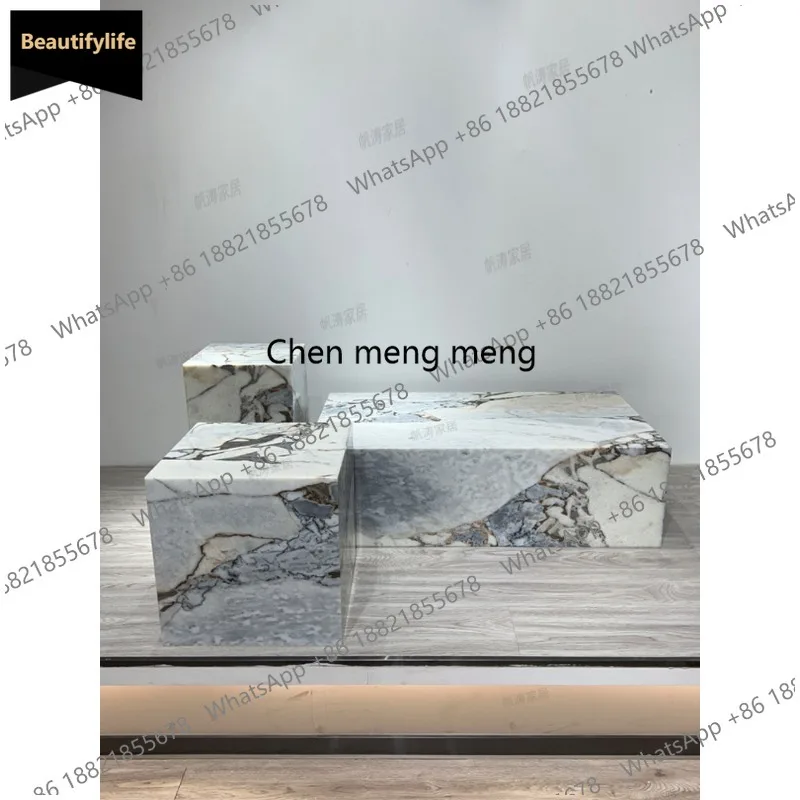 

Дизайнерский прямоугольный журнальный столик из натурального мрамора цвета слоновой кости, модель M183, в стиле лёгкой роскоши, для гостиной.