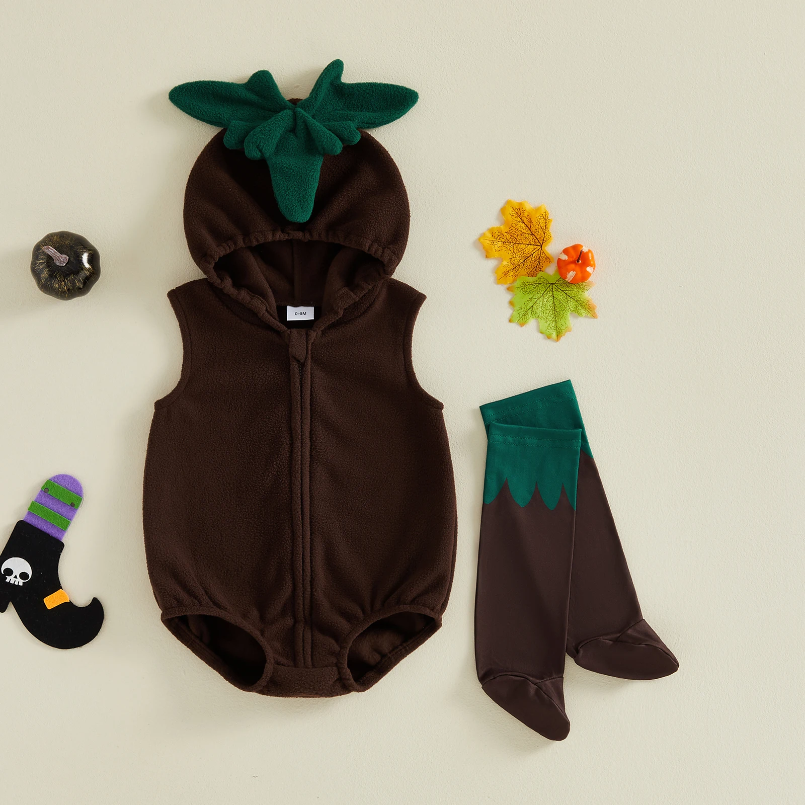 Toddler Baby Boy Halloween Costumes Sleeveless Zip Up Hooded Mandragora Romper with Stockings Animal Photography Costume