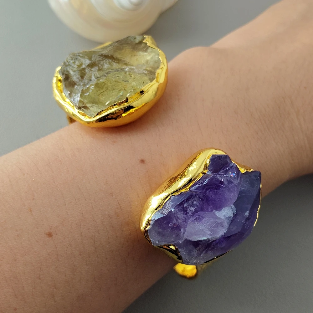 

YYGEM 24x36mm Lemon Quartz Rough Amethysh Druzy Bangle Bracelet