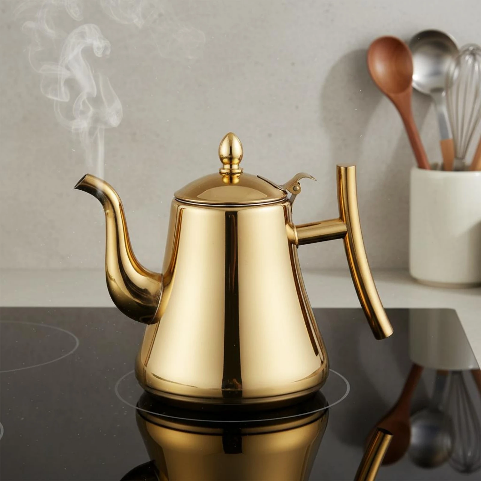 Induction Kettle with Mesh Filter Long Curved Spout Stainless Steel Gooseneck Kettle Polished Gooseneck Coffee Pot Tapered Body