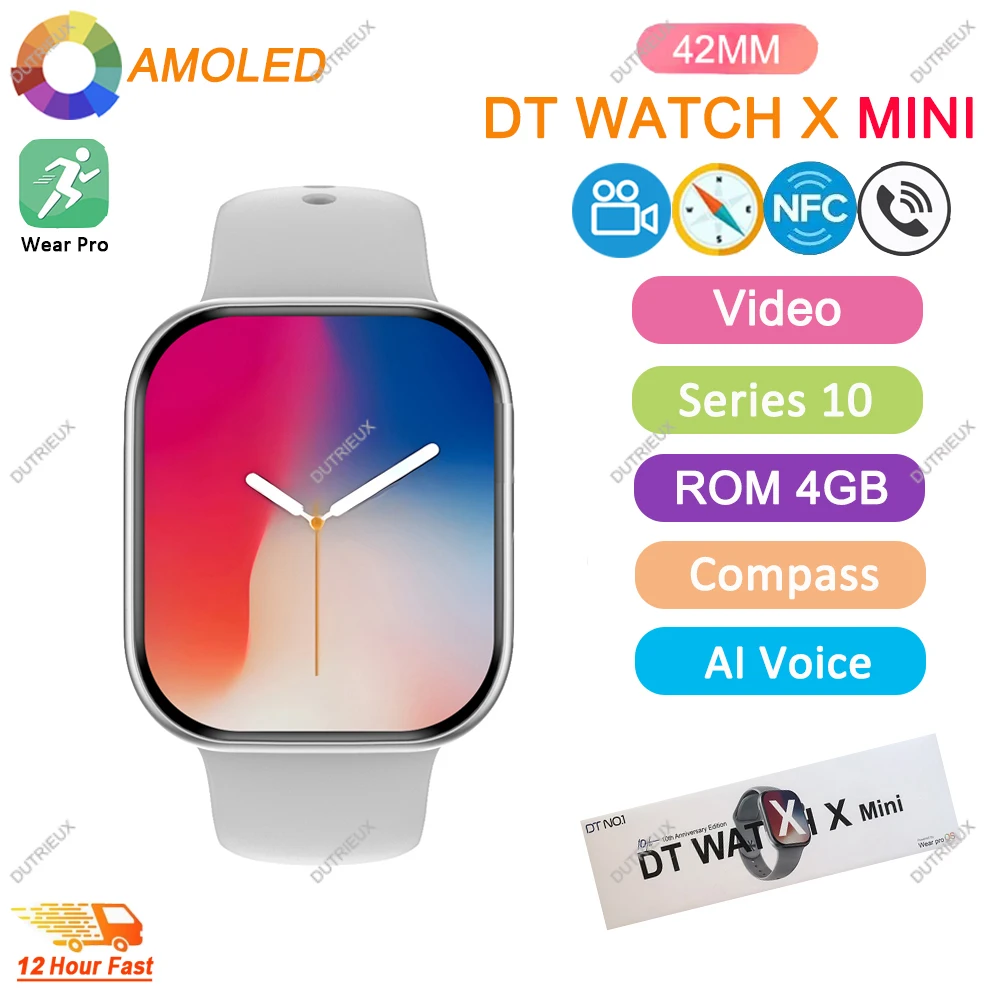 DT Watch X 10-й мини-женский SmartWatch 42 мм AMOLED 4 ГБ ПЗУ NFC ChatGPT Компас для воспроизведения видео жестов 3D Vision Watch для Android l0S