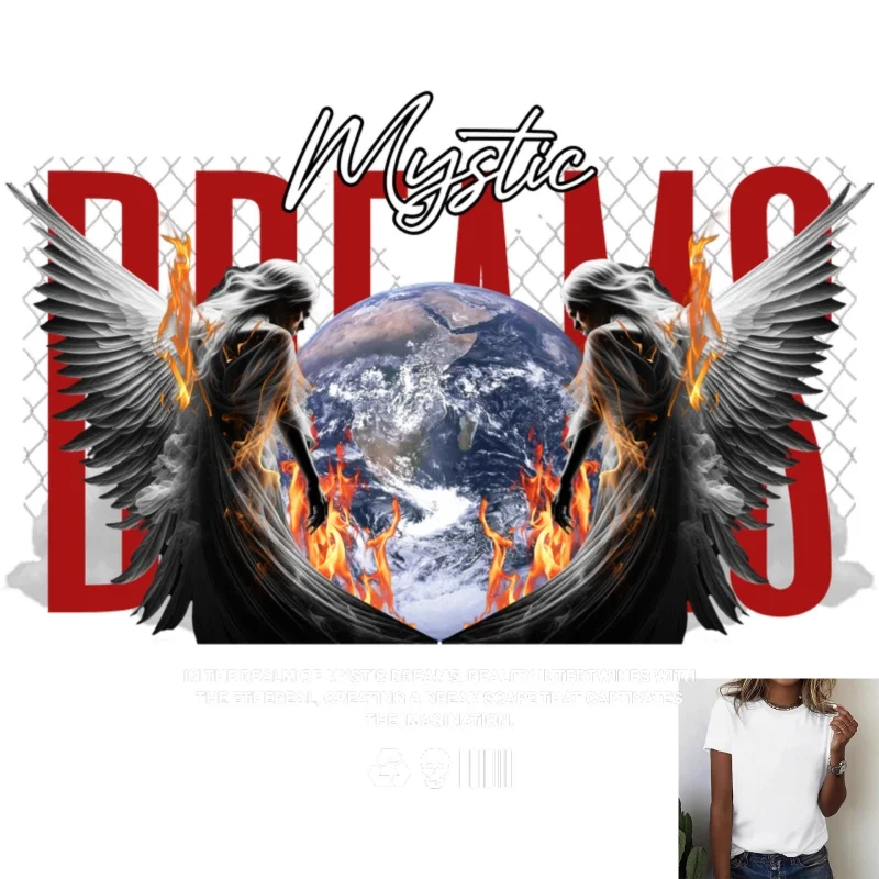 Mystic Dreams Heat Transfer White Ink Iron - on Patch, Flame Angels & Earth Pattern, Suitable for T - shirts/Clothing, Trendy