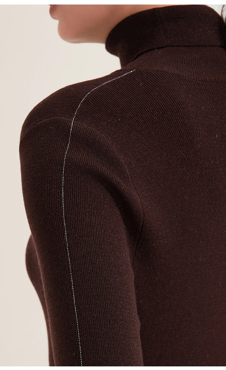 BY3521215 Premium Wollstrickpullover für Damen, eleganter Rollkragenpullover, einfarbig brauner Pullover, schickes, schmales Basic-Top für Bürodamen – Detail 5