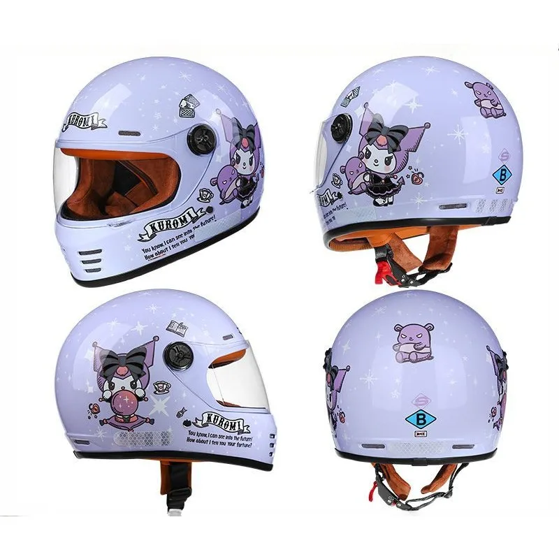 Cute Kuromi printed full-face helmet kawaii new Sanrio autumn and winter detachable warm student electric vehicle safety helmet