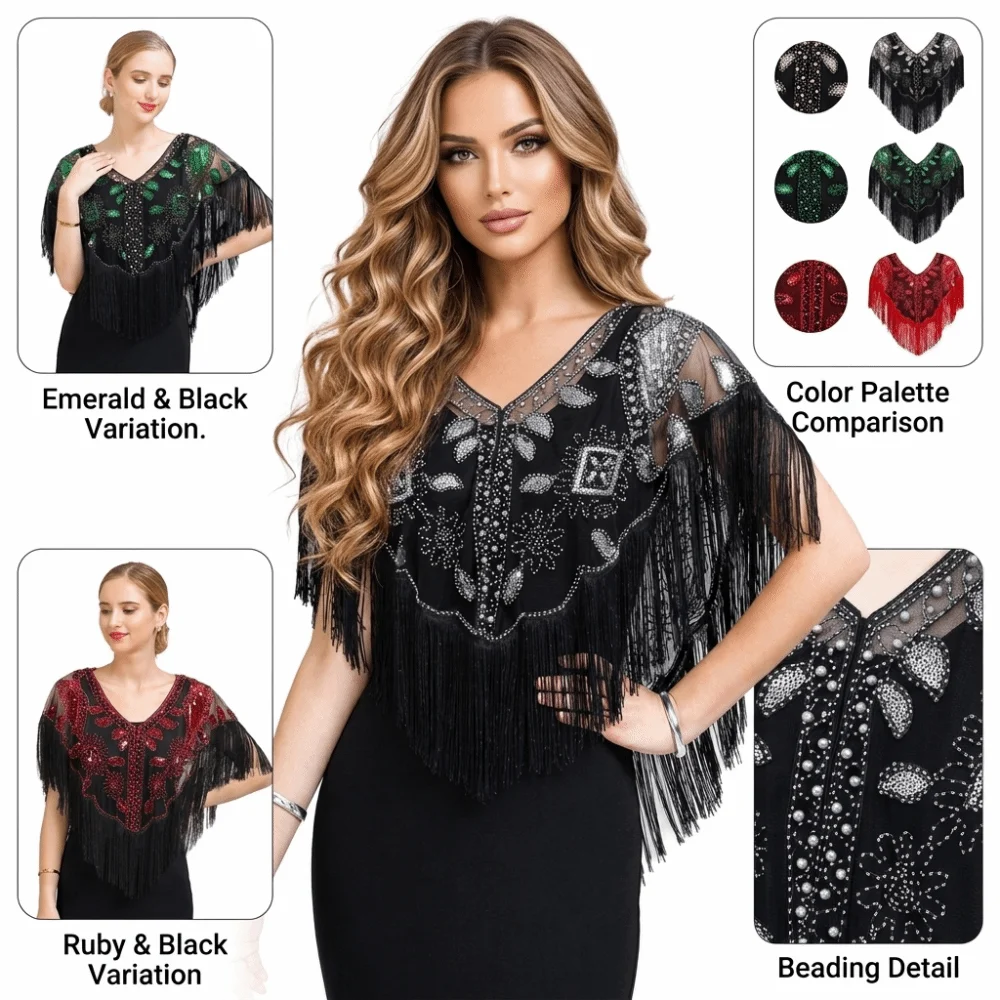 New Mesh Wrap Sequined Shawl With Tassel Cloak Flapper Shawl Sheer See Through Tulle Shawl Evening Prom Cape Women