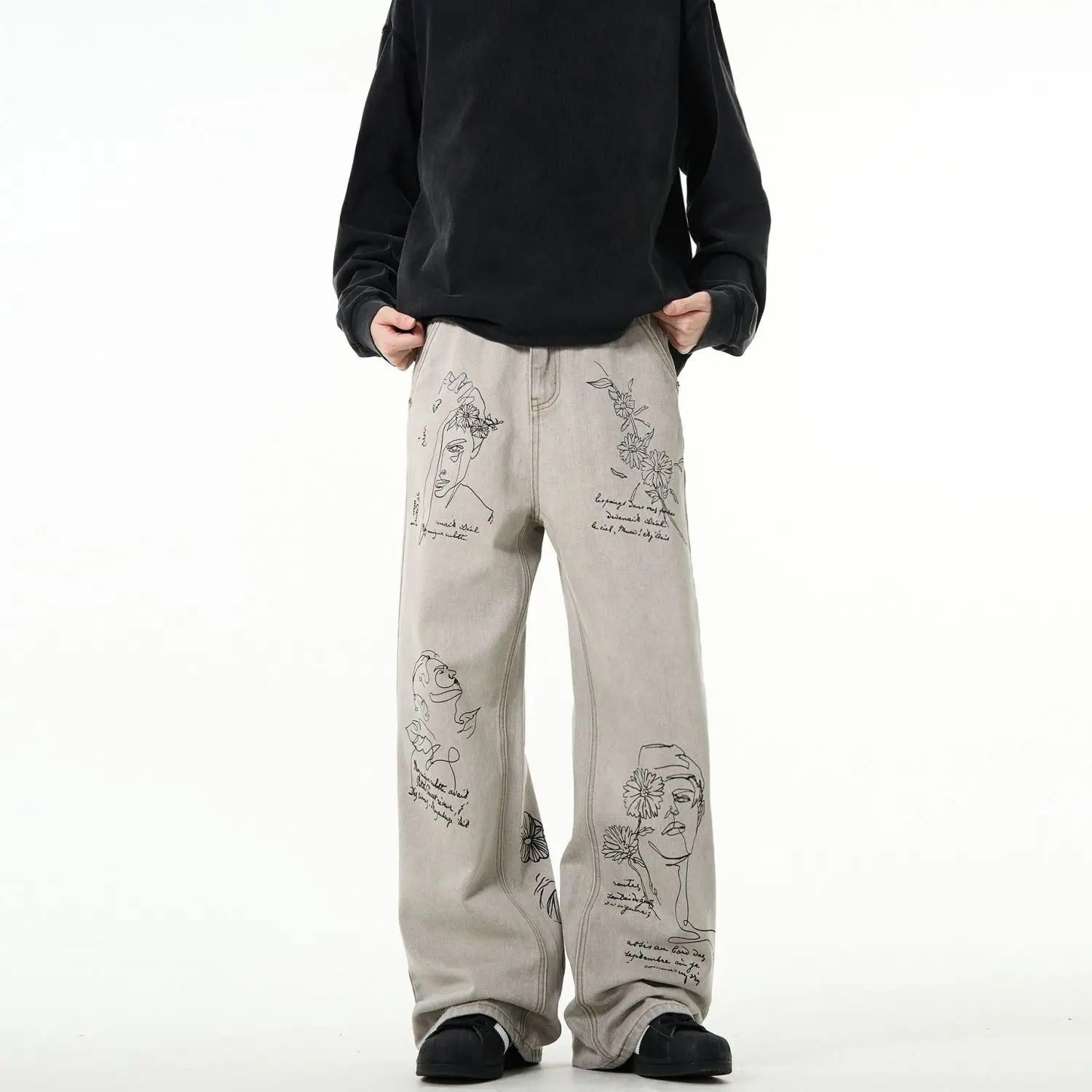 American retro street graffiti wide-leg pants jeans for men and women loose and versatile oversize vintage casual pants y2k ins
