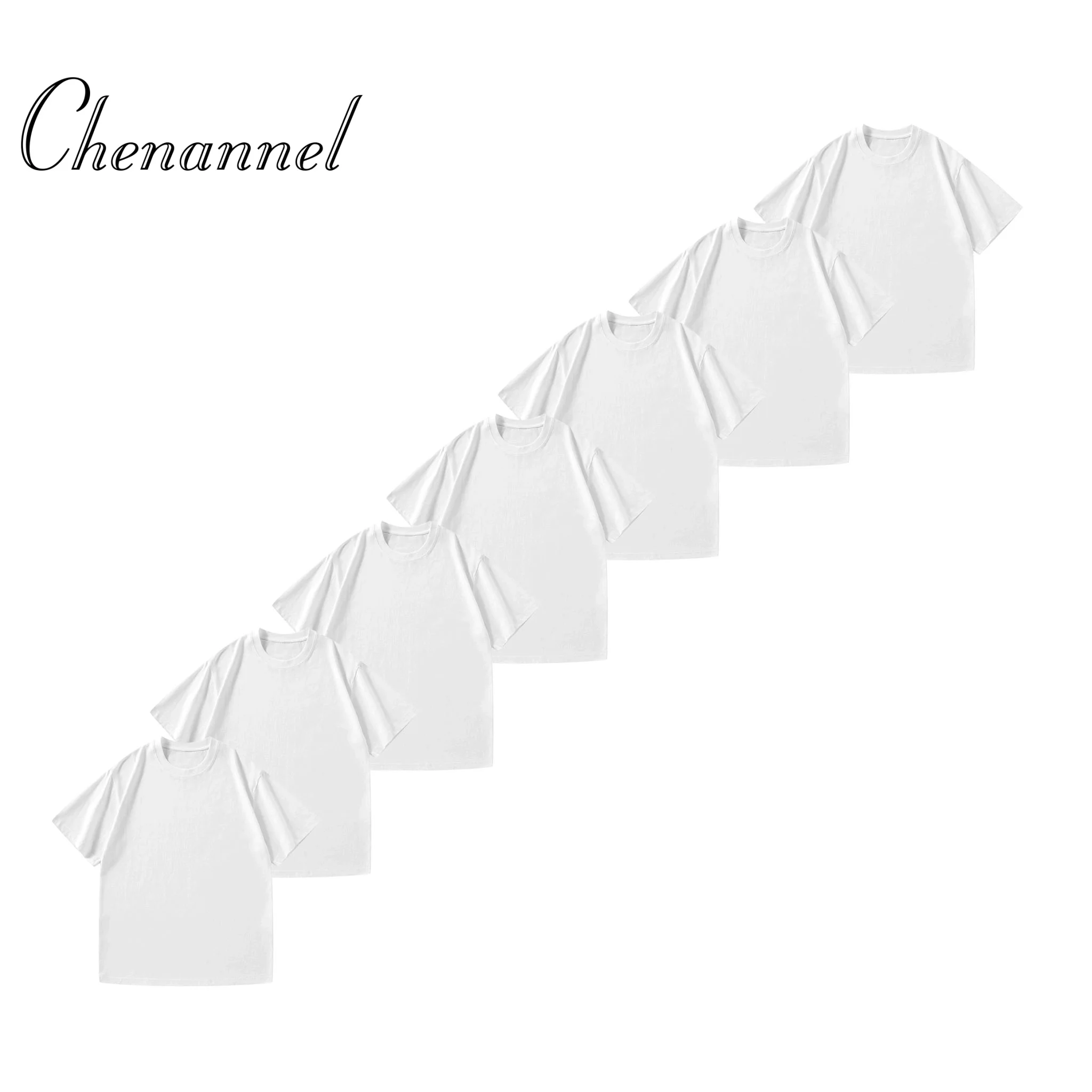 طقم مكون من سبع قطع 180 جرام من القطن الخالص الثقيل بأكمام قصيرة تي شيرت للرجال صيفي فضفاض أبيض بلون سادة #2