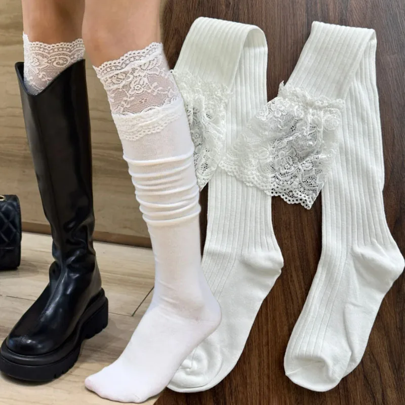 

Lace Over The Knee Stockings Y2K Sexy Thigh High Women's Long Socks Cotton Lolita Medias Stockings White Black Warm Boot Socks