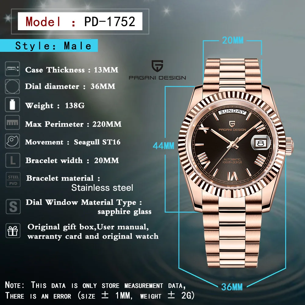 2025 باجاني ديزاين DD36 براون ساعة أوتوماتيكية صندوق هدايا رجالي الياقوت الميكانيكية ساعة رجالي الفولاذ المقاوم للصدأ التقويم اليومي 10BAR #6