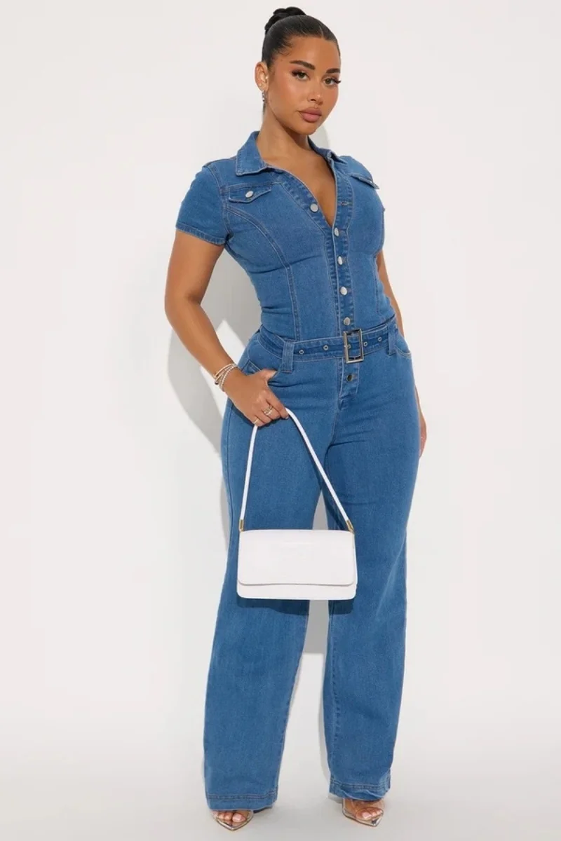 Streetwear Denim combinaison vêtements d'été femmes à manches courtes boutonné jean droit barboteuses combishorts une pièce salopette tenue
