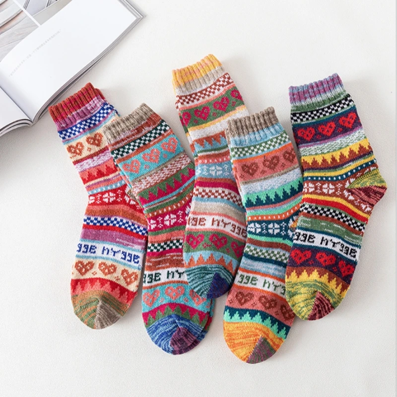 5 Pairs Women Winter Warm Faux Wool Knit Crew Socks Ethnic Style Multicolored Love Heart Geometry Striped Pattern Thermal Mid Tu