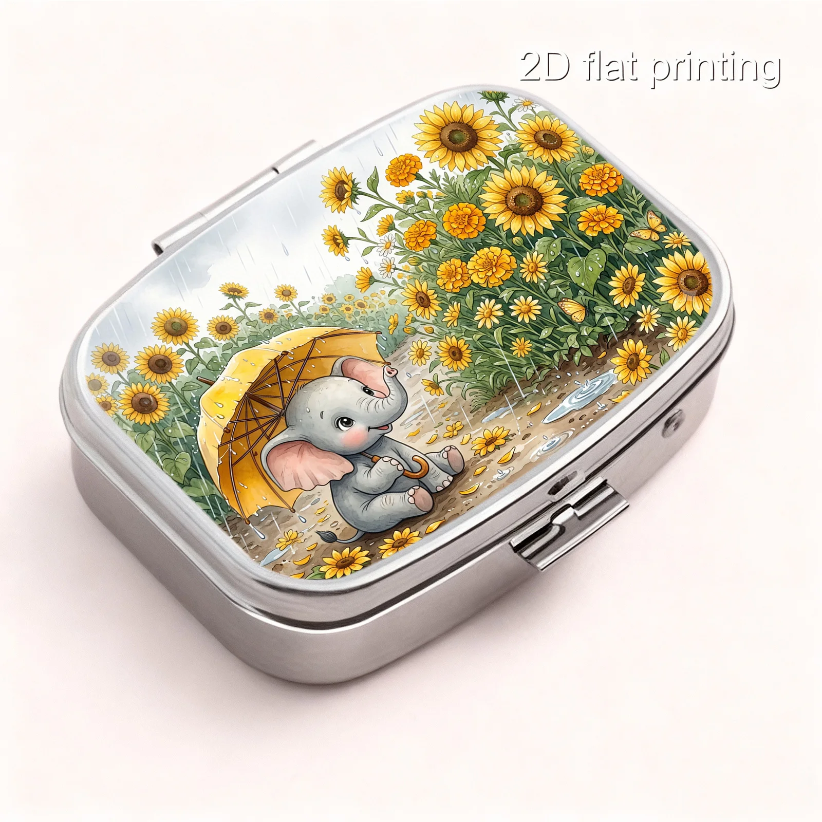 Flat Printing, Portable Mini Double-Compartment Pill Box, Watercolor Print of Sunflowers in the Rain and Little Yellow Umbrella and Little Elephant, Travel Medicine Storage Box, Sealed and Moisture-Proof, Capsule Vitamin Storage Box, Portable Small Pill Box