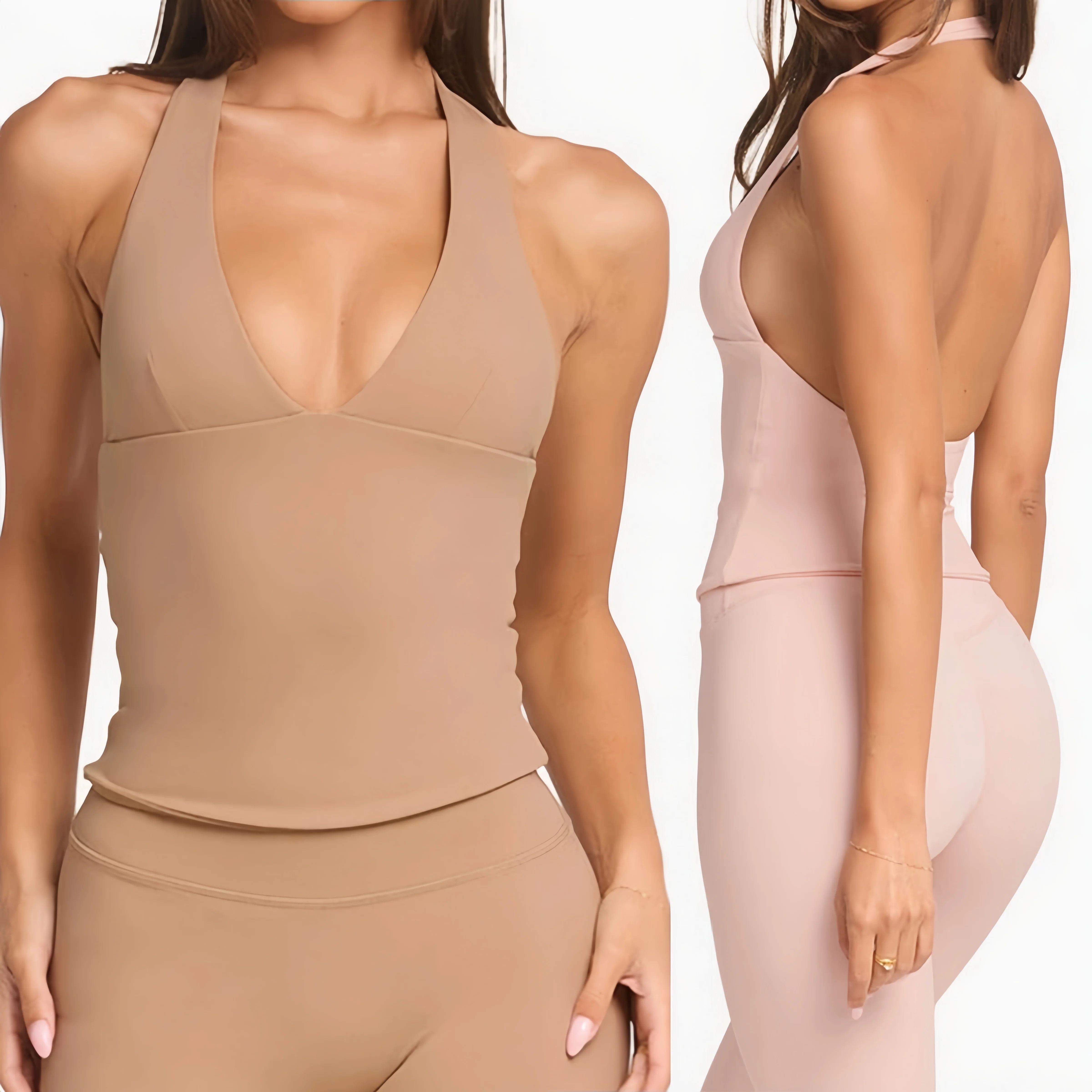 Pilates V Yoga - Dames Halter Neck Deep V Rugloze