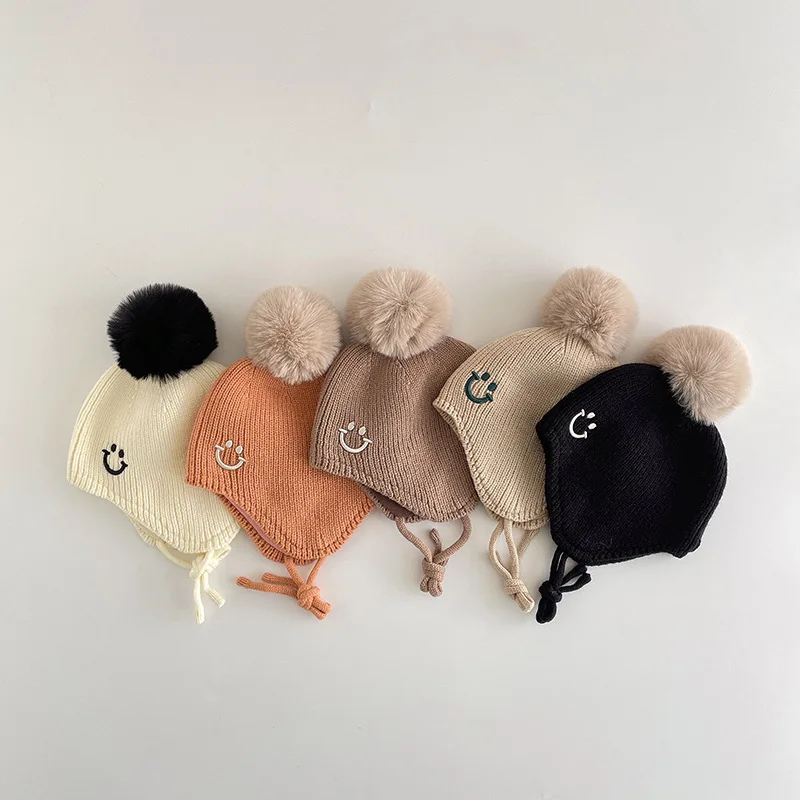 Boné bonito do gorro de pompom do bebê menino e menina, chapéus dos desenhos animados das crianças, boné de malha quente, outono, inverno