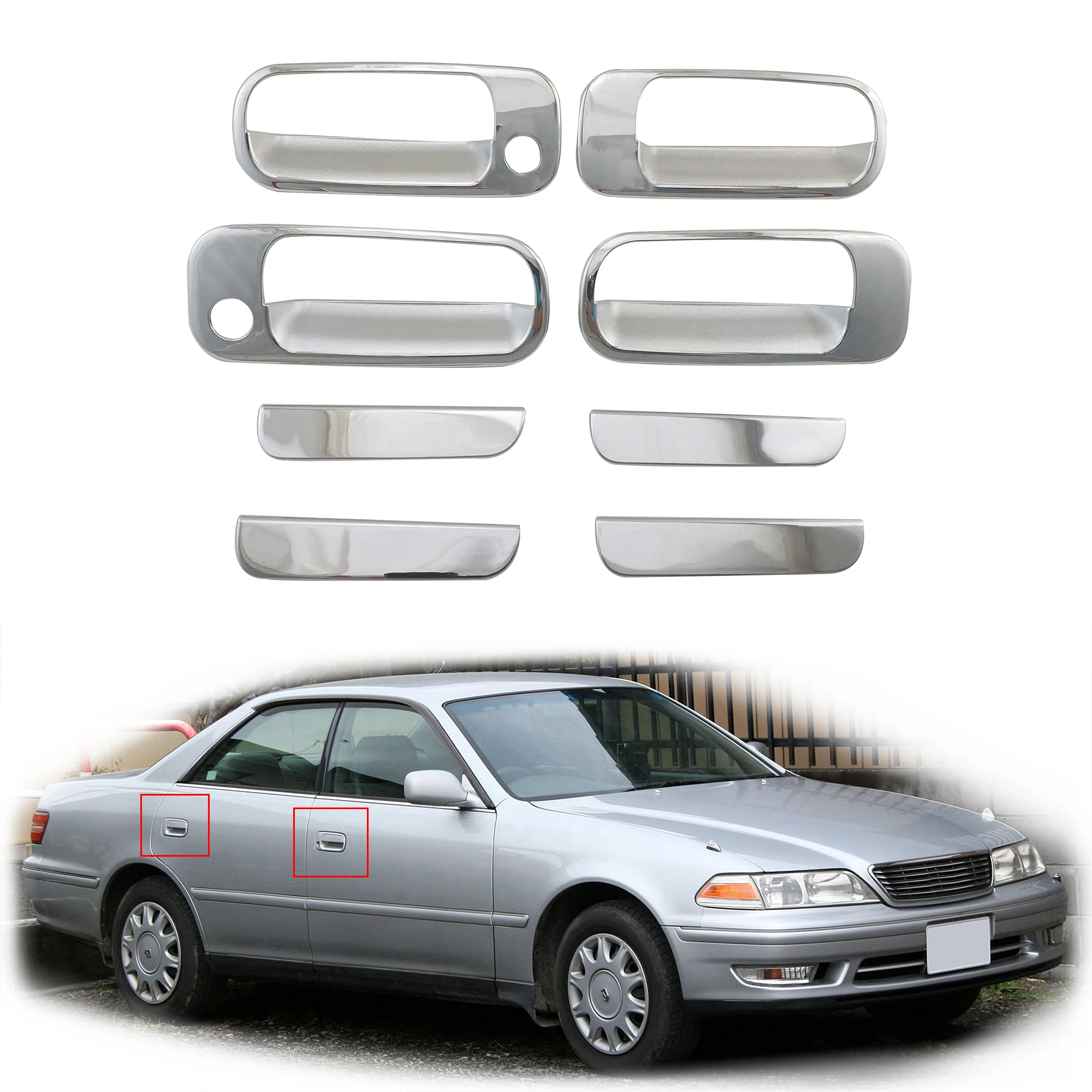 

8PCS ABS Chrome Car Accessories Plated Door Handle Bowl Cover Trim Paste Style For Toyota Mark GX100 GX 100 1996 1997 1998 1999