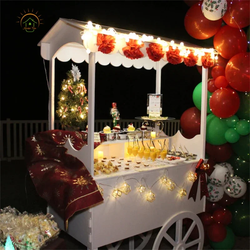 2023 Hot Sale  Wooden Pink Red Flower Candy Cart With Wheels For Wedding Christmas Dessert Party Cart