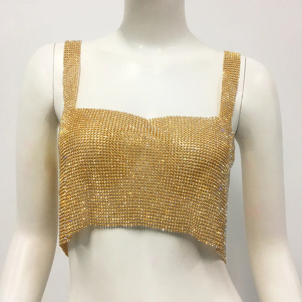 Sexy Metal Hollow Out Rhinestone Diamond Sleeveless Tank Top Women Night Party Club Streetwear Sequin Gold Silver Black Crop Top