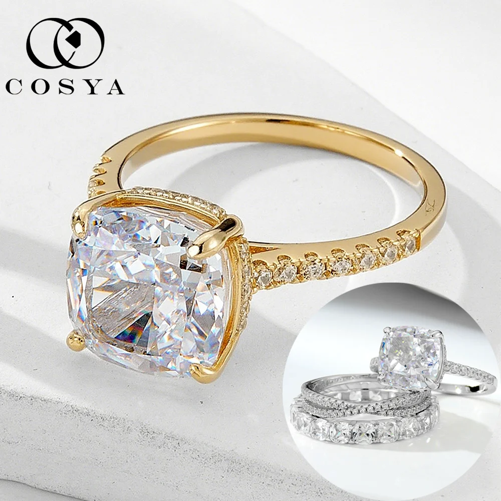 

COSYA 10*10mm Zircon Rings Set For Women S925 Silver 18K Gold Lab Diamond Wedding Band Fine Sparkling Jewelry Gift