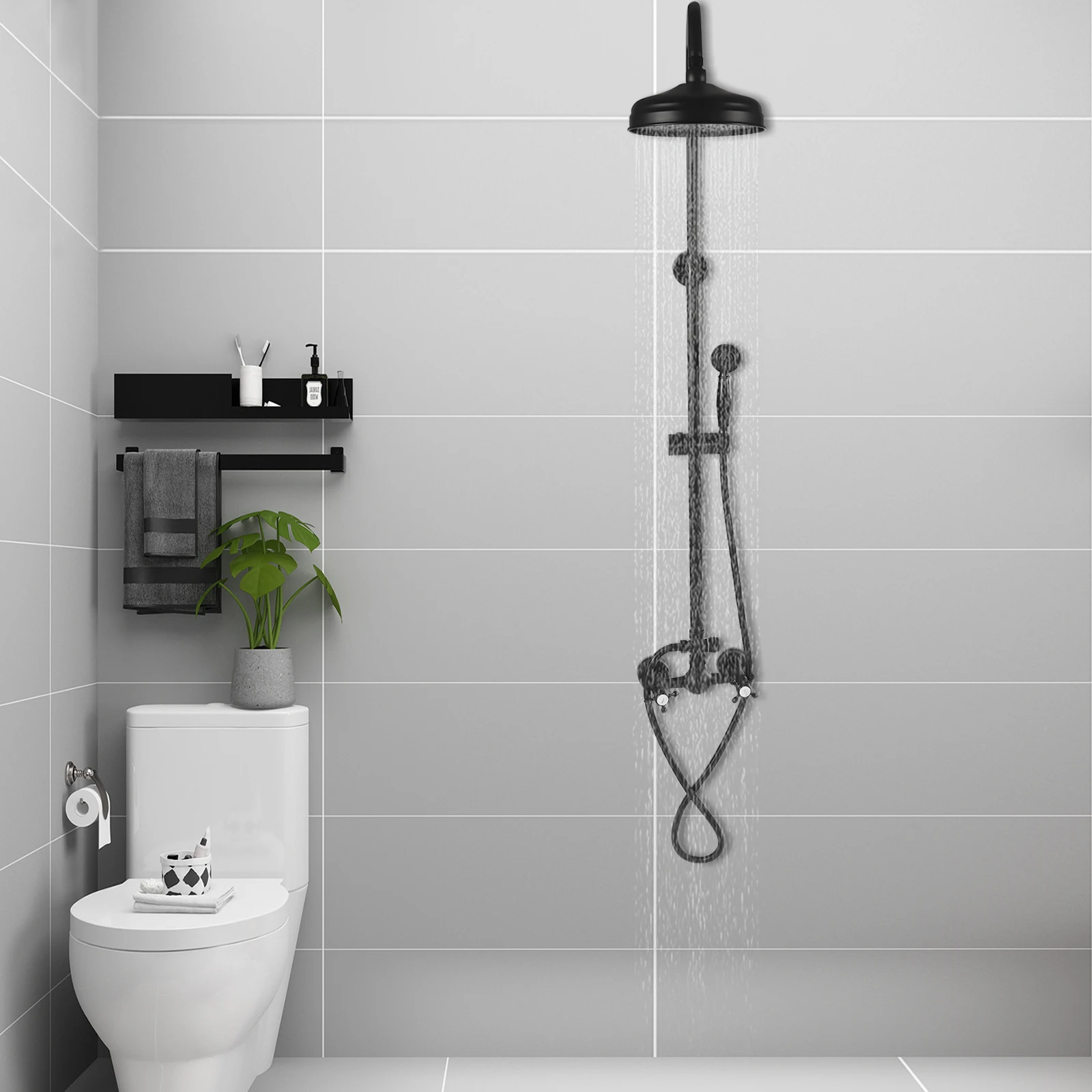 Matte Black Exposed Shower Faucet Set, Rain Shower with Handheld Spray, Double Knobs Handle Dual Function Shower Fixture